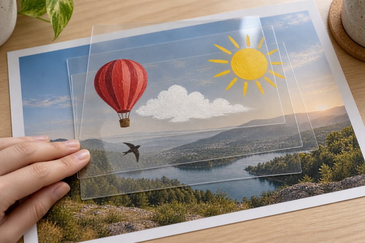 Прозрачные плёнки с элементами коллажа сложены стопкой над фотографией
