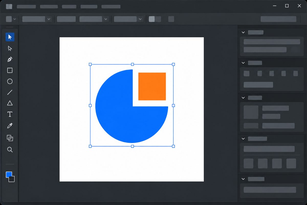 Окно Adobe Illustrator с тёмным интерфейсом и простым геометрическим знаком на монтажной области