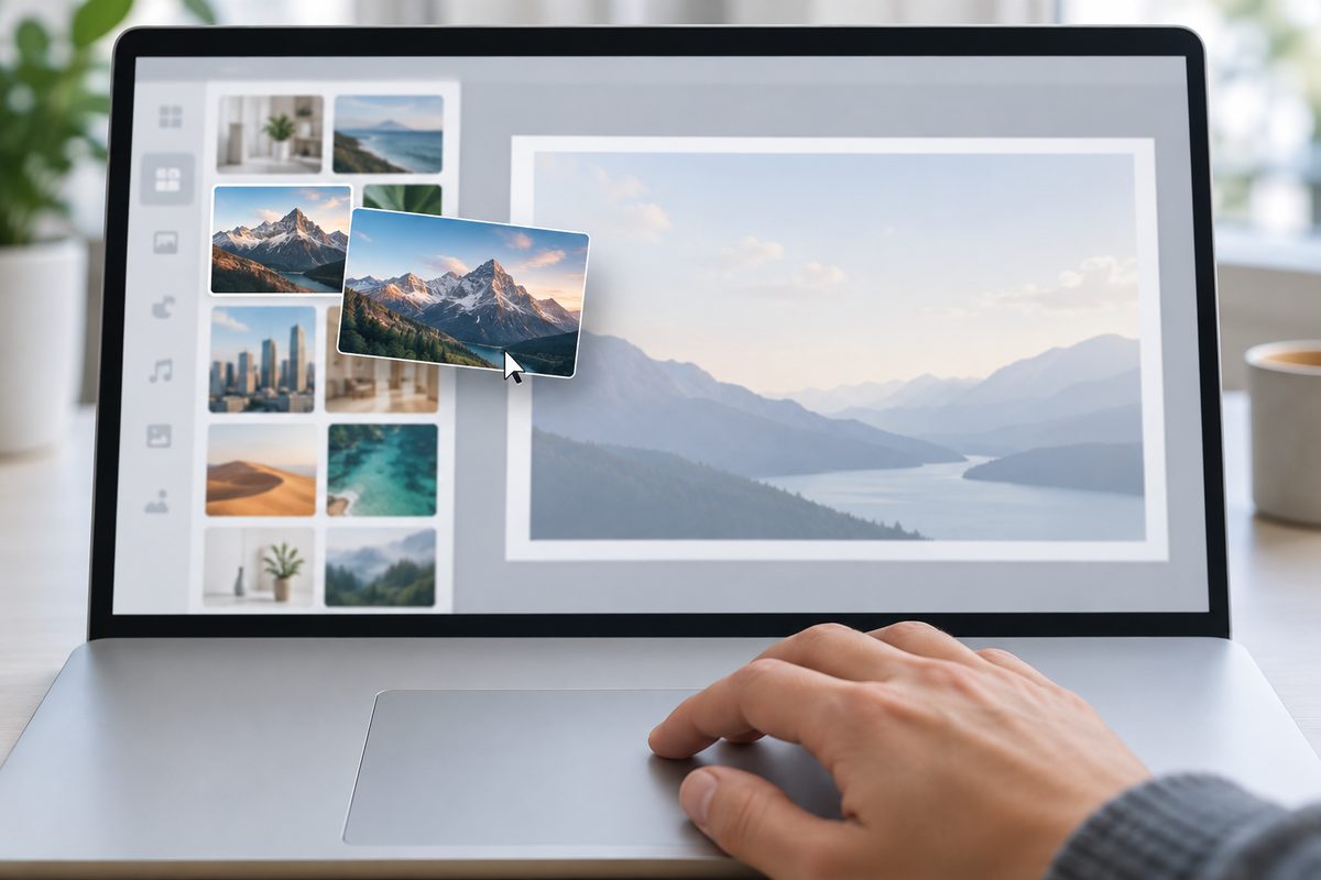 Дизайнер перетаскивает фотографию из боковой панели в презентацию