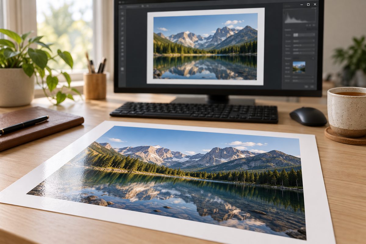 Фотография в белой рамке лежит на столе перед монитором с открытым фоторедактором