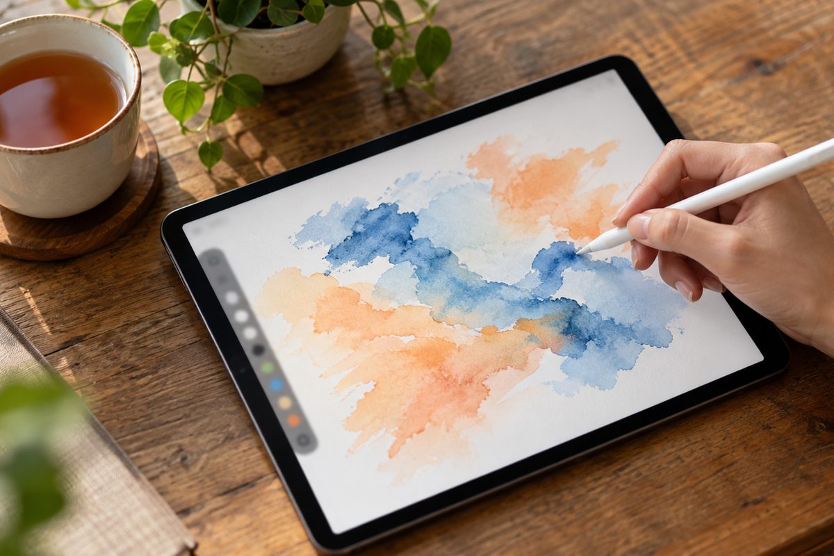 Планшет iPad со стилусом, на экране акварельные мазки