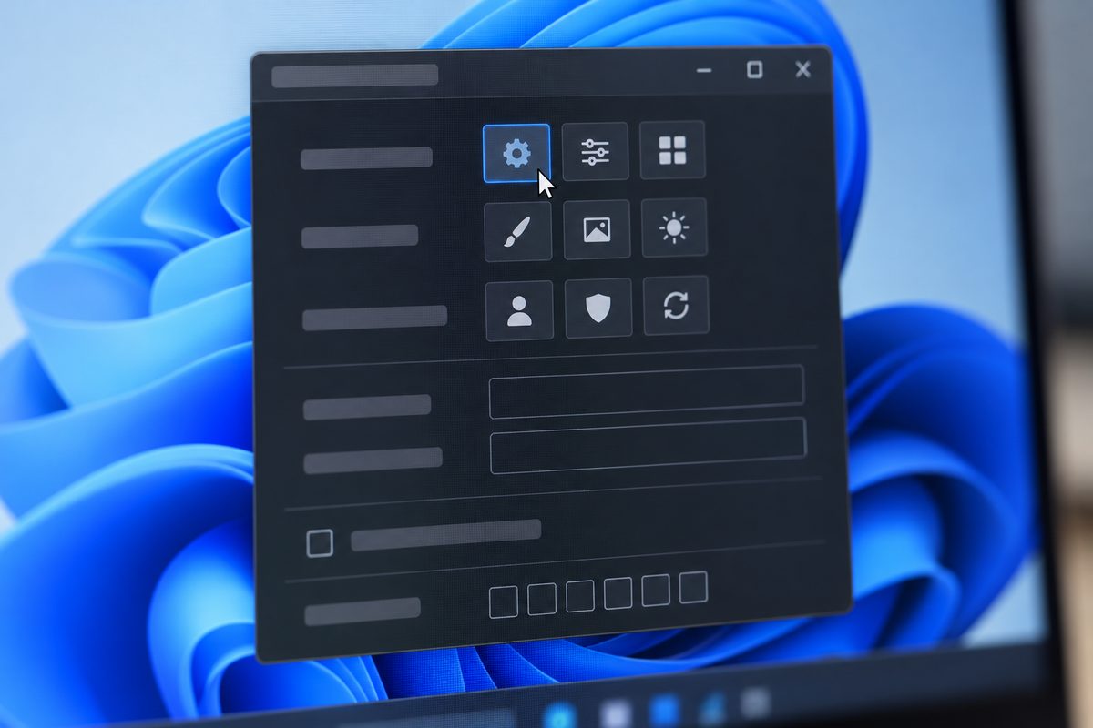 Тёмная панель настроек с полями и значками на экране Windows